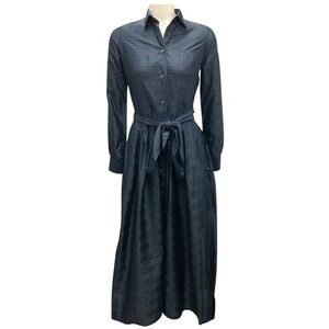 ANN MASHBURN NAVY / GREEN BLACKWATCH SILK SHANTUNG CLASSIC SHIRTWAIST MAXI DRESS